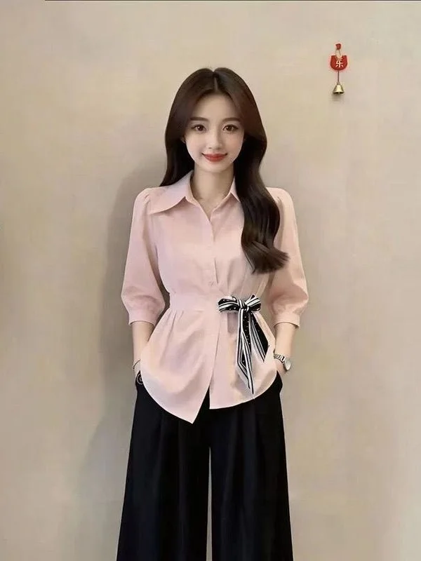 

Slimming Design Women's Shirt Belted Waist Tie Front 3/4 Sleeve Korean Style plus Size Spring Commute Fashion Casual Top