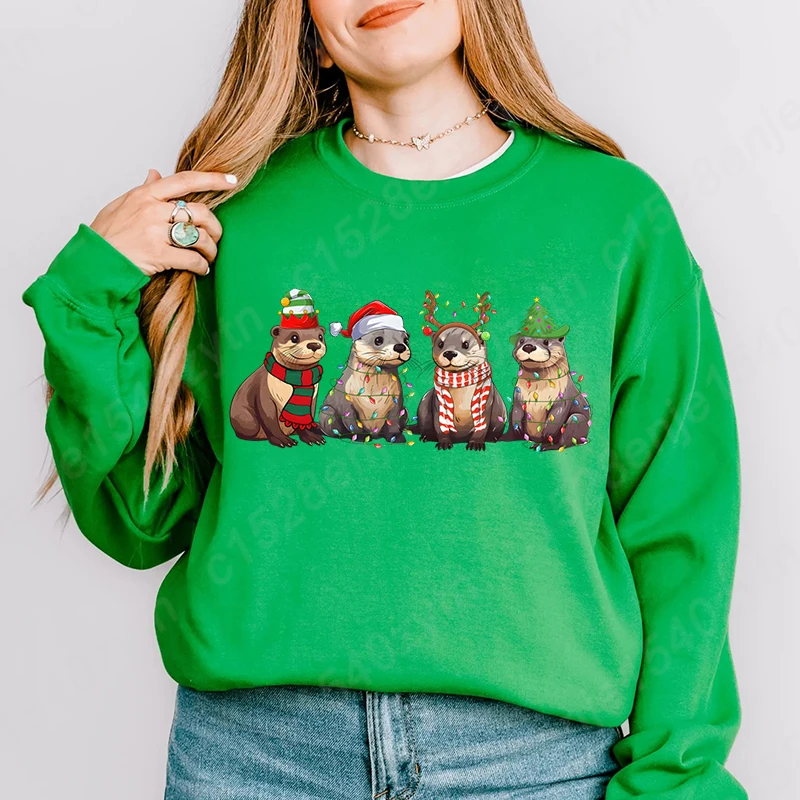Otters Christmas Lights Print Sweatshirts, Otter Merry Christmas Sweatshirt, Crew Neck Long Sleeves Women Xmas Pullovers Tops