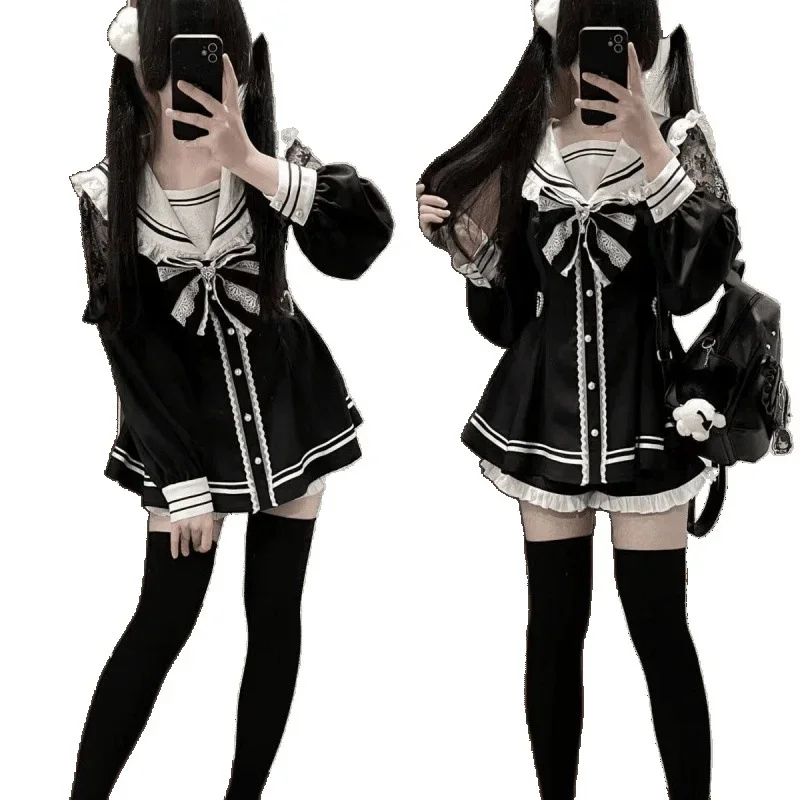 

Y2K Harajuku Bow Tie Dresses Lace Japanese Kawaii Sweet JK Waisted Long Sleeved Dress Girl Versatile Ins Pants Dresses Set New