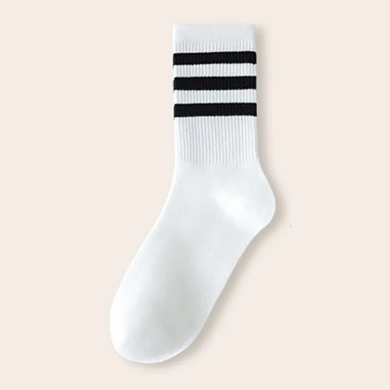 Classic Black And White Socks, Pure Cotton Couple Style, Three Bar Sports Socks, College Style