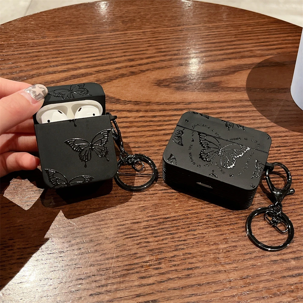 Luxury Black Butterfly Earphone Case For Airpods 3 With Keychain Bluetooth Headset Protective Case For Airpods 1 2 Pro 2 Cover