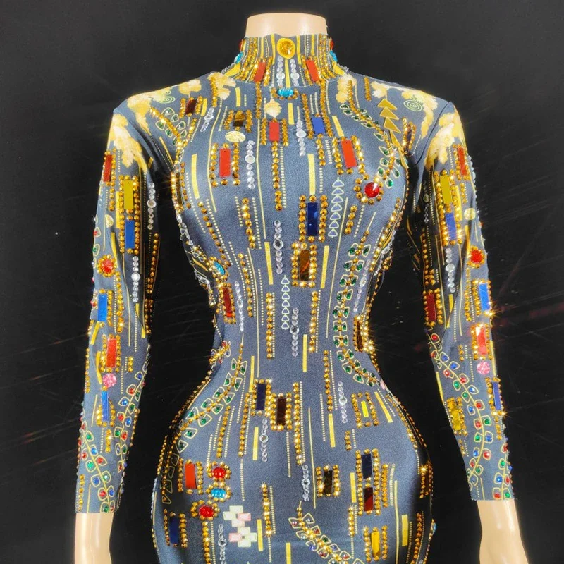 다채로운 스팽글 라인 석 드레스 여성 생일 축하 의상 무대 쇼 저녁 댄스 파티 드레스 축제 복장 XS6233