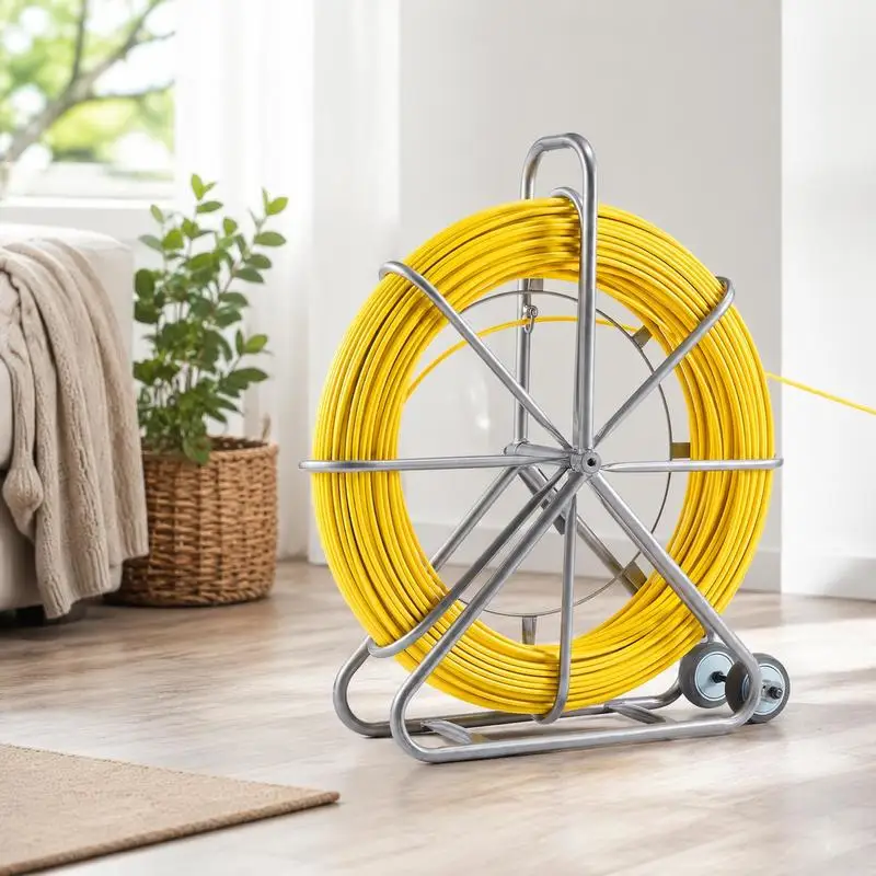 Tige de tirage de câble, 200 m, 5/16 pouces, avec support à rouleaux en acier, 3 têtes de tirage, outil de pêche pour murs et fils électriques, non conducteur