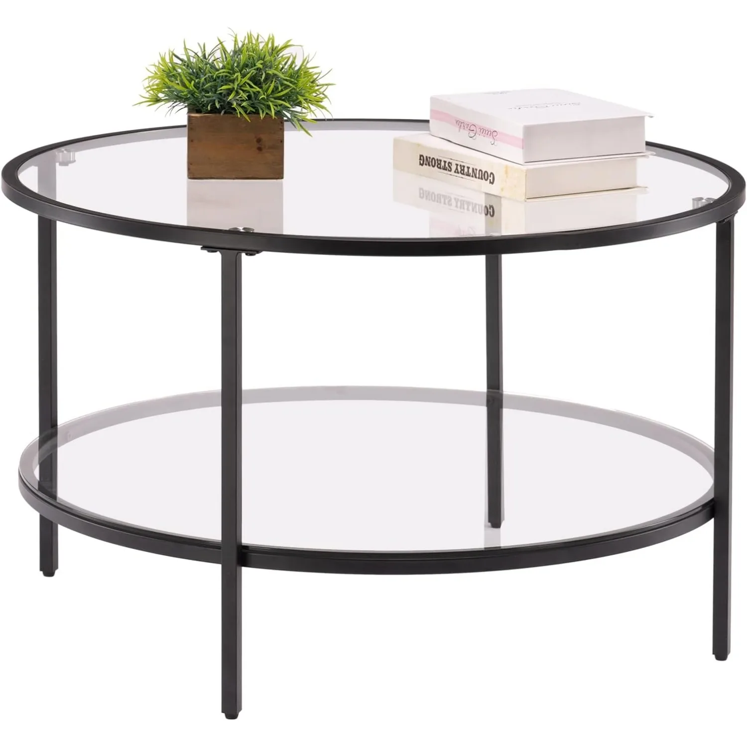 Glass Coffee Table,Round Coffee Tables for Living Room,2-Tier Glass Top with Storage Clear Coffee Table