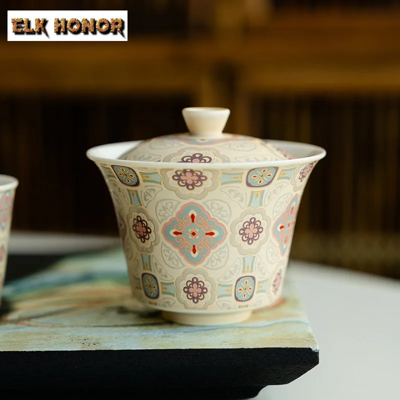 180ml Ceramic Floral Patterned Cover Bowl Boutique Handmade Tea Tureen Ancient Gaiwan Tea Maker Cover Bowl Chinese Tea Set Craft