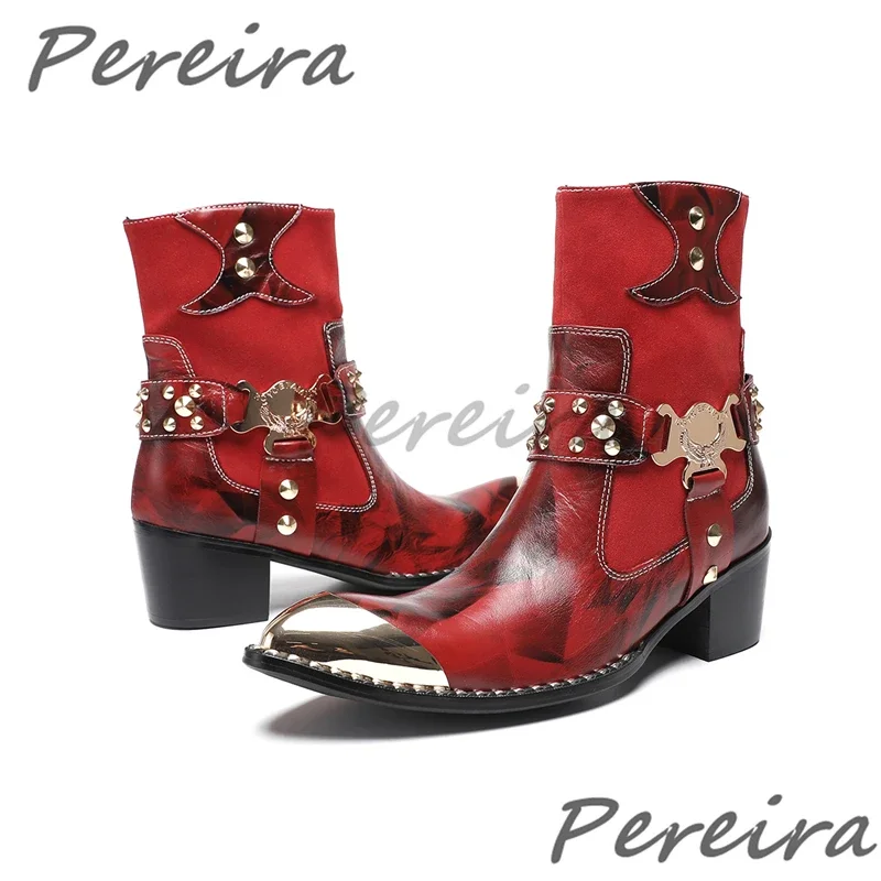 

Осенние новые модные мужские ботинки челси в стиле панк с заклепками и металлической пряжкой, ботильоны до середины икры на высоком каблуке, дизайнерская мужская обувь ручной работы из натуральной кожи