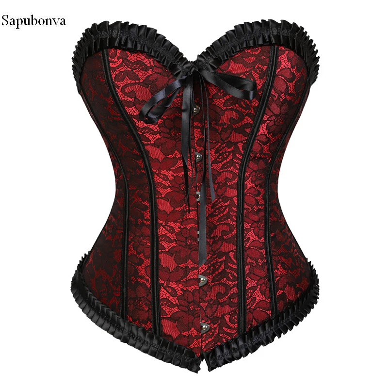 Sapubonva Corset Bustier Top for Women Plus Size Overbust Flower Lingerie Sexy Victorian Lace Overlay Vintage Costume Black