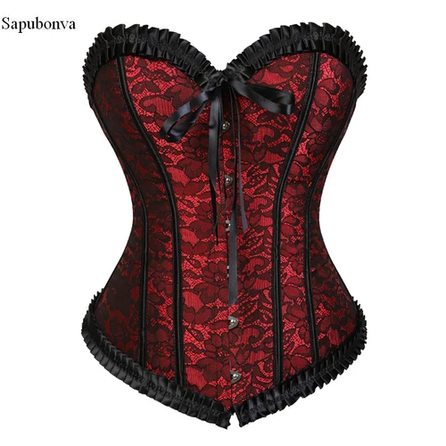 Sapubonva-Top corpiño con corsé para mujer, lencería de talla grande con flores, superposición de encaje victoriano Sexy, disfraz Vintage negro