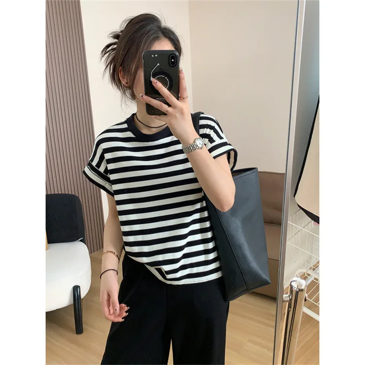 

Purple Black Striped Puff Sleeve T Shirt Women Short Sleeve Summer Round Neck Sleeveless Cotton Top