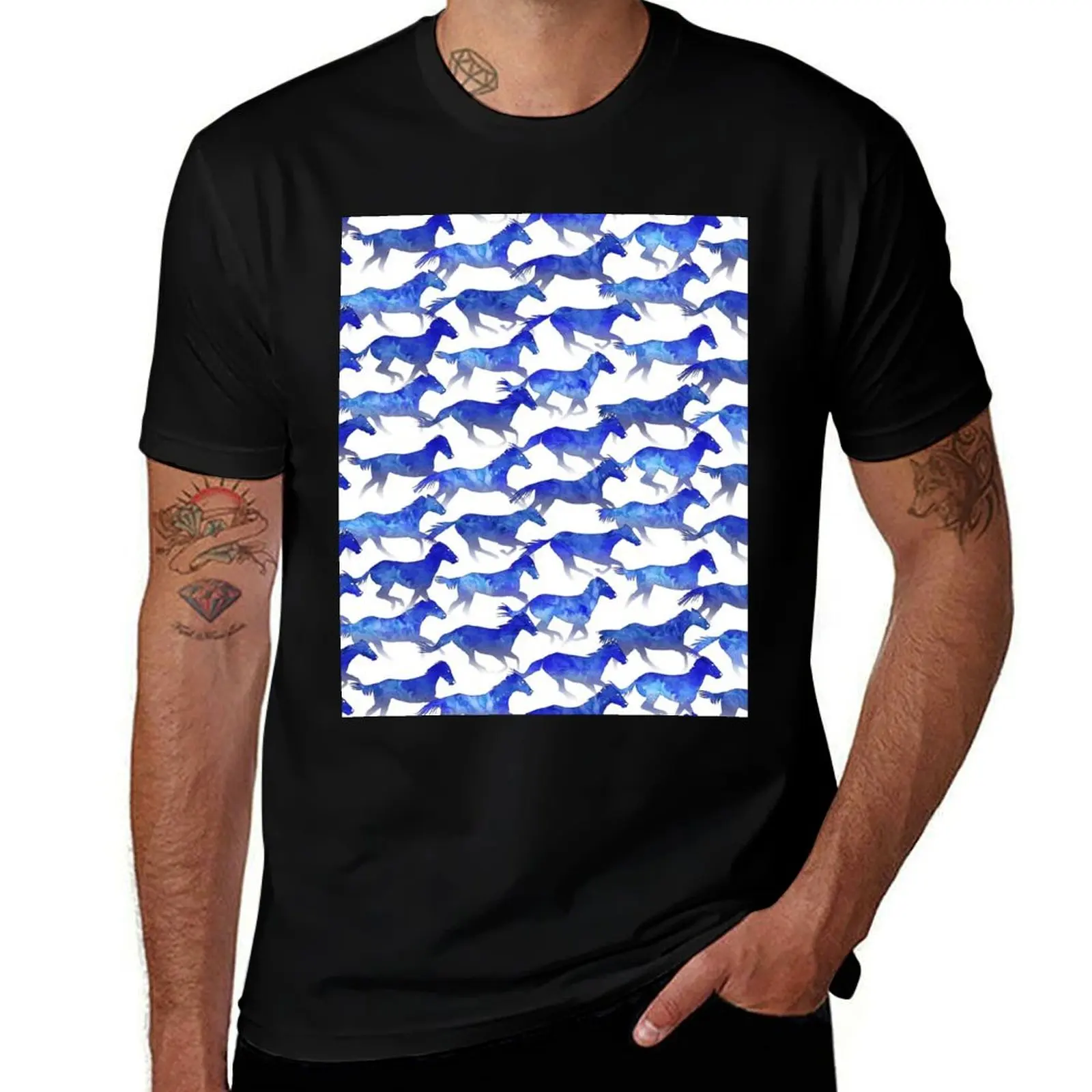 

Watercolor - Running Horses Pattern - Deep Blue T-Shirt animal prinfor boys anime stuff oversized t shirt men