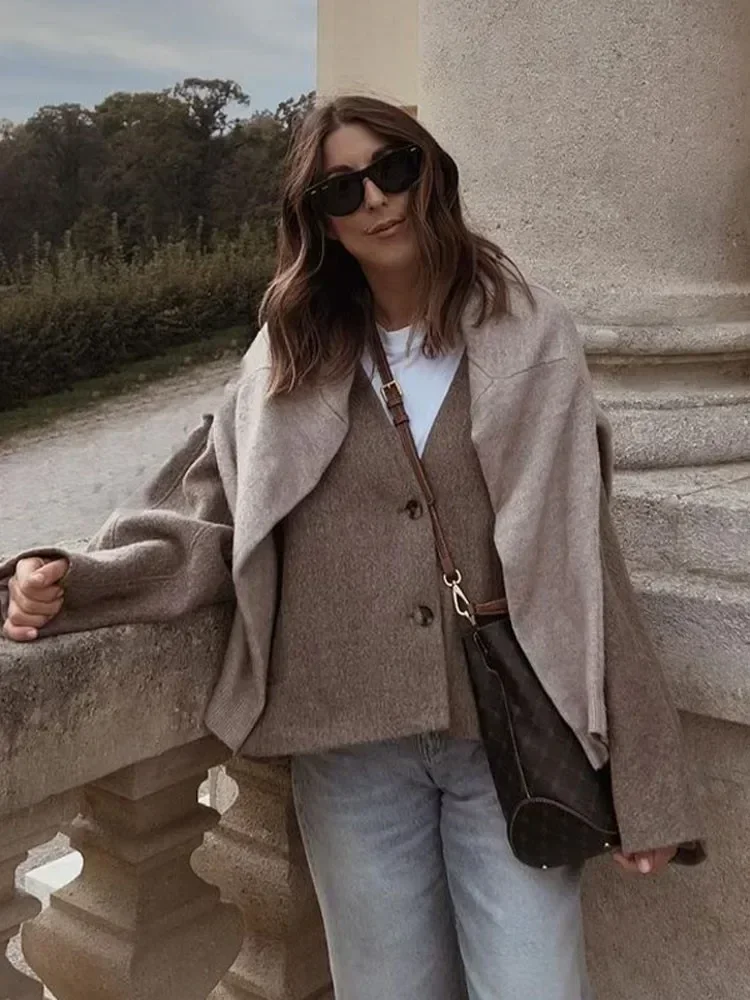 Women Fashion Grey V Neck Loose Warm Jackets Autumn Retro Button Long Sleeve Coat With Pockets Lady Casual High Street Outerwear