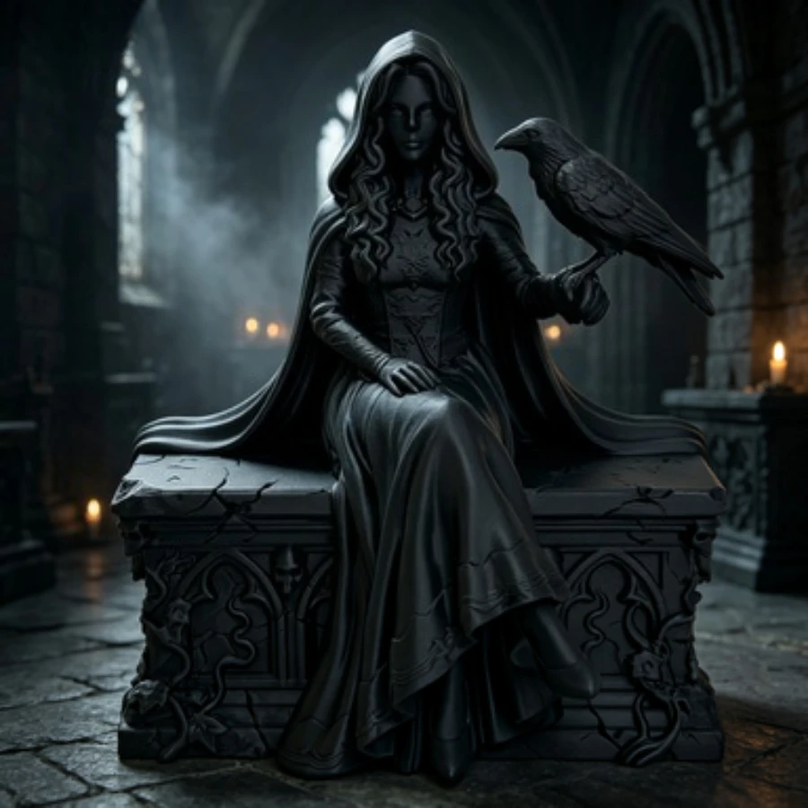 Halloween Gothic Black Witch Goddess Statue Mini Doll Holding Crow Sculpture Weird Desktop Decoration Home Shelf Decoration Gift