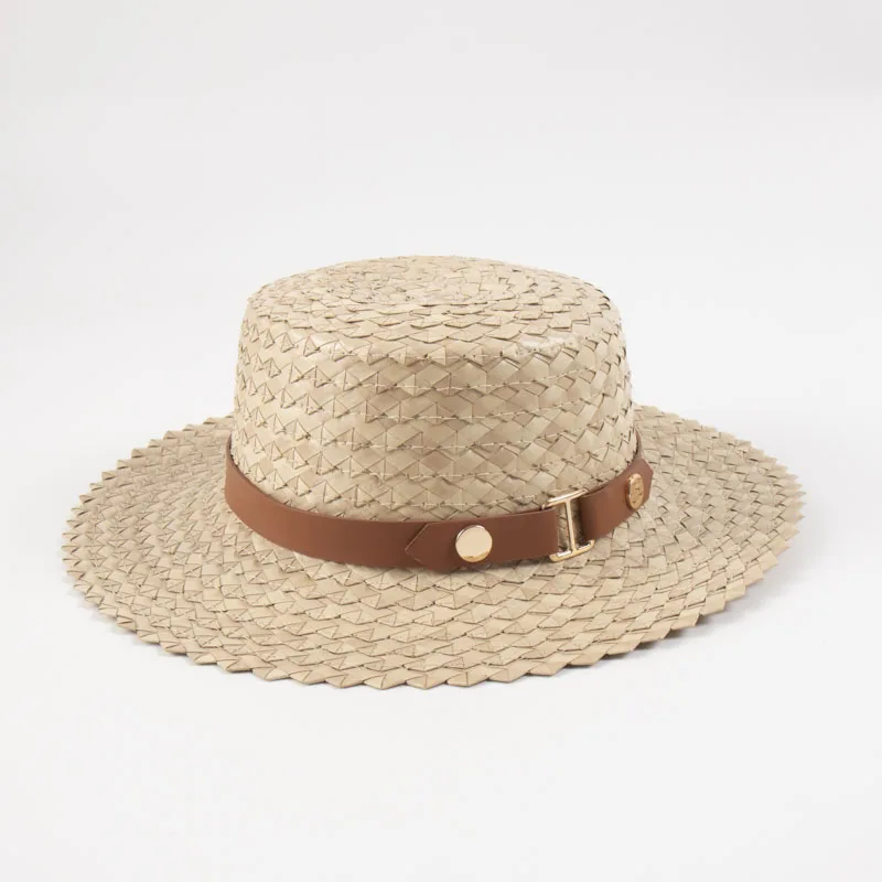 Handmade Leather Band Natural Straw Fedora Hat Women Wide Brim Boater Hat UPF Summer Beach Hat Flat Top Sun Hat