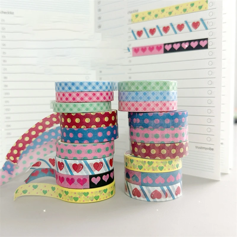 3Roll Korean Ins Cute Heart Dot Set Tape Hand Account Decorative Tape Collage Planner DIY School Stationary Stickers