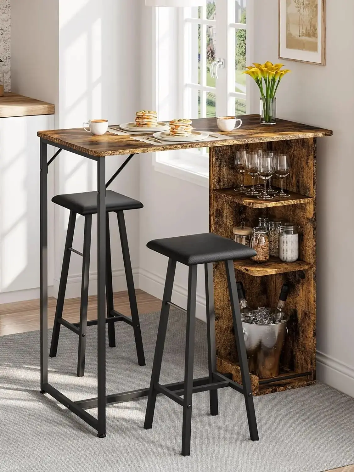 3-Piece Bar Table Set with 3 Tier Storage Shelves Space Saving Table & PU Cushion Stools for Apartment Dining Room Kitchen