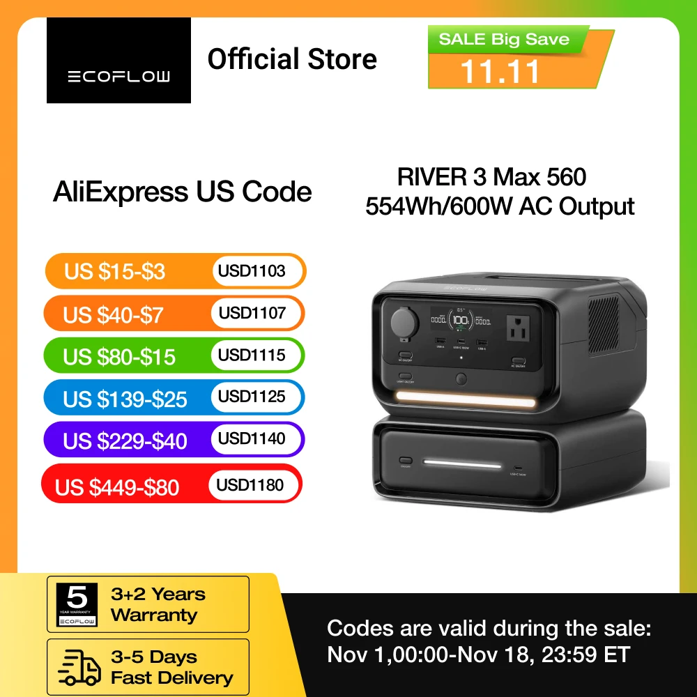 ECOFLOW River 3 Max 560 Portable Power Station, Extra Battery EB300 and River 3 Plus 270, 268Wh-554Wh Expansion LiFePO4 Battery with 10-Year Lifespan, Built-in 140W USB-C Port for Charging/Discharging, Use Independently