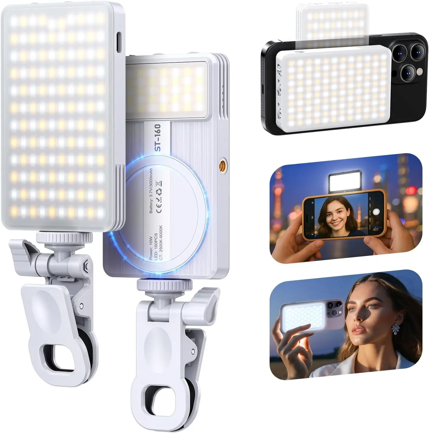 

Magnet Phone Light, 160 LED Dual Side Selfie Light Compatible with iPhone Magsafe, 3 Lighting Adjustment Modes, Selfie L