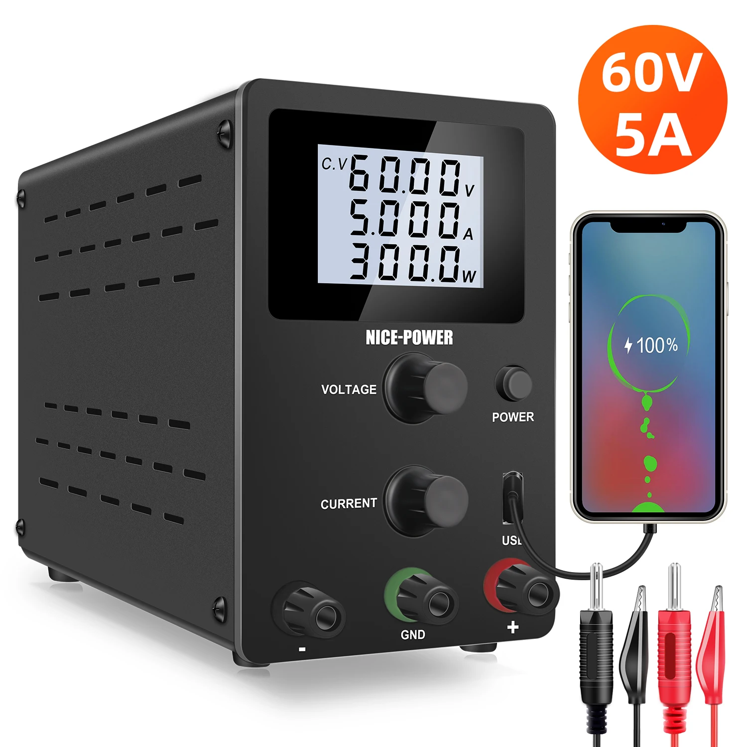 Nice-power LCD 60V 5A Switching Lab DC Adjustable Power Supply Laboratory Precision 4 Digital Regulated USB Diy Bench Source