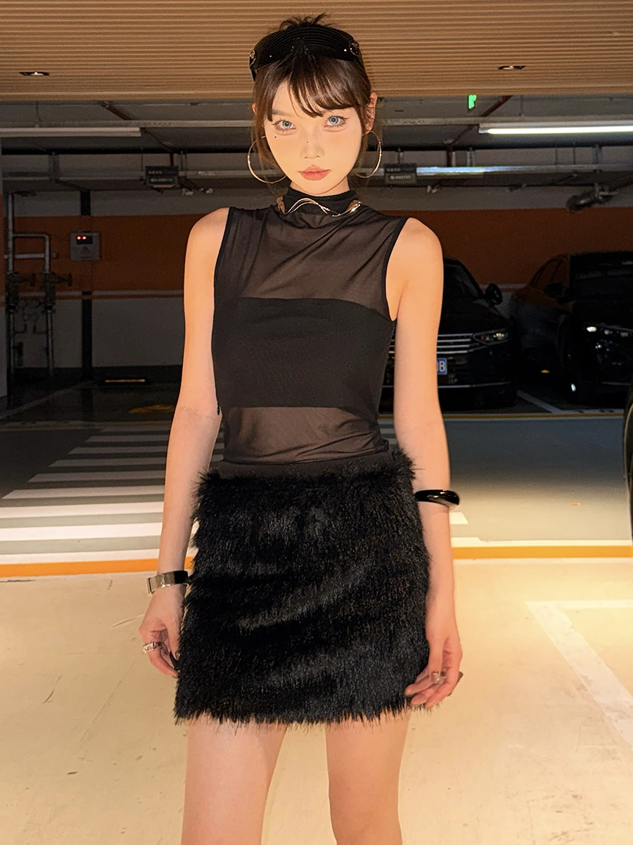 WEIRD PUSS k Sle Svel Plaid Dr Women's Me Splicing Saia peluda moderna tecido de poliéster bodycon Dr