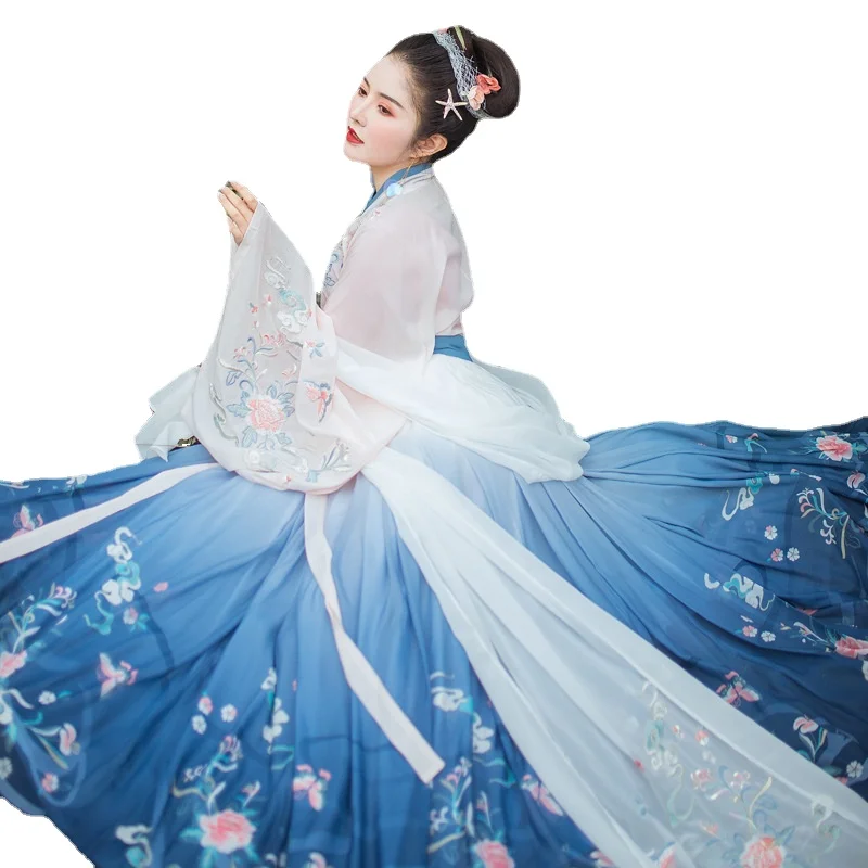 

Printed Ancient Folk Chinese Traditional Blue Dance Costume Dress for Women Cross-necked Hanfu 6M Hem Ladies Skirt and Top Suit