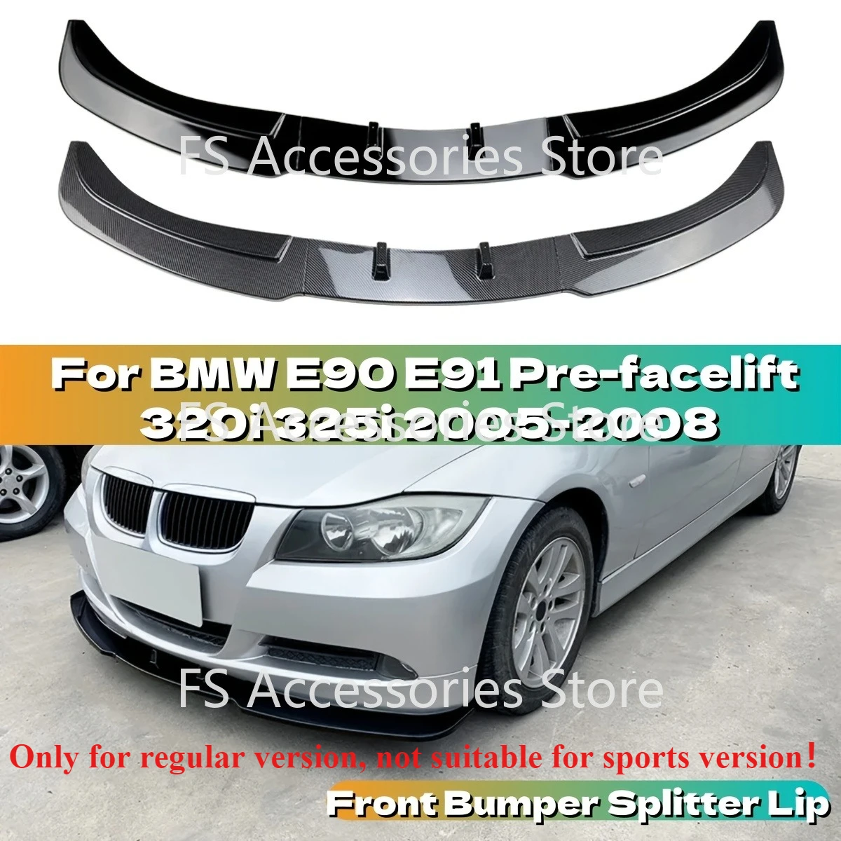 Glossy Black Car Front Bumper Splitter Lip For BMW E90 E91 Pre-facelift 320i 325i 2005-2008 Carbon Look Diffuser Protector
