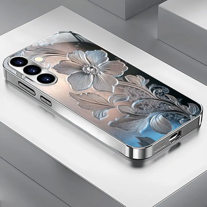 Honeysuckle Relief Art Pattern Electroplated Silver Phone Case for Samsung Galaxy S26/S25/S24/S23/S22/S21 and other models