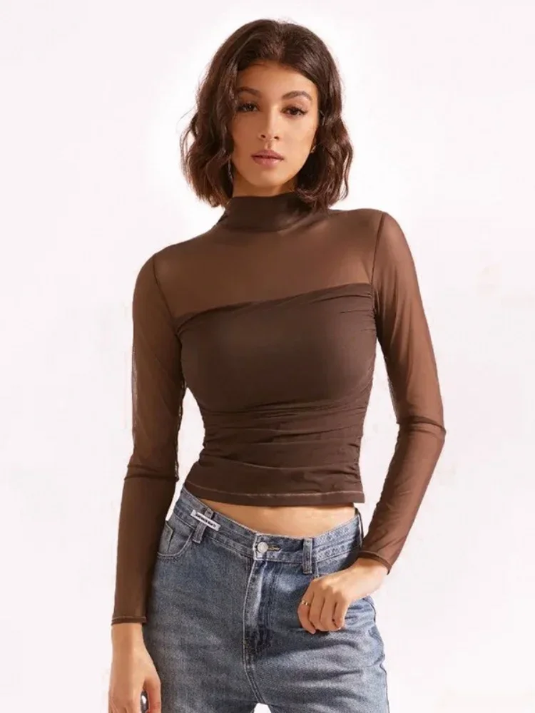 

Mesh Patchwork T Shirts For Women Aesthetic Clothes Turtleneck Y2k Crop Top Long Sleeve Office Lady Outfits Brown Ropa De Mujer