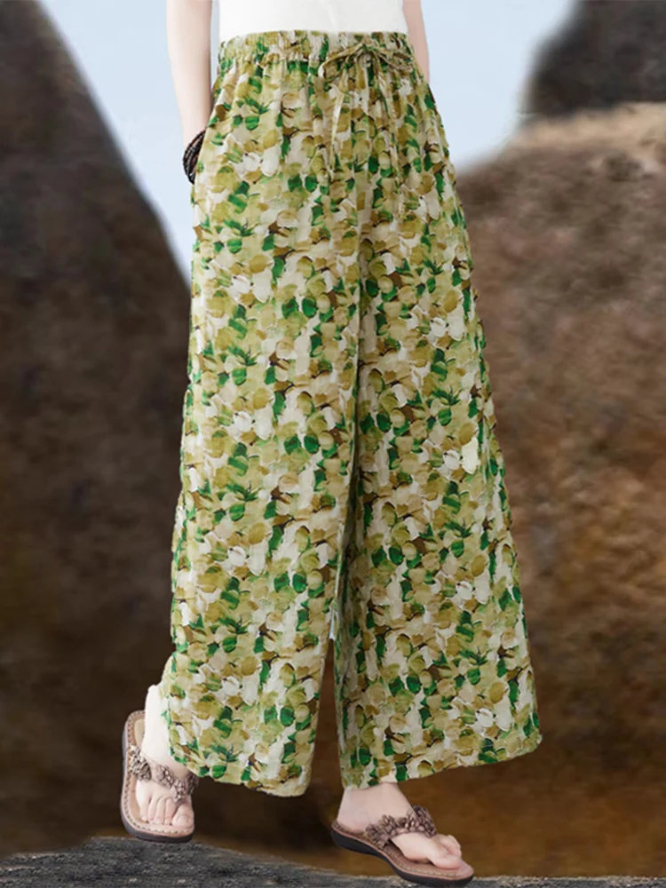 Retro Japońskie Szerokie Spodnie Damskie Casual Cienkie Kwiatowe Bawełniane Lniane Luźne Spodnie z Wysokim Stanem Do Pracy Letnie