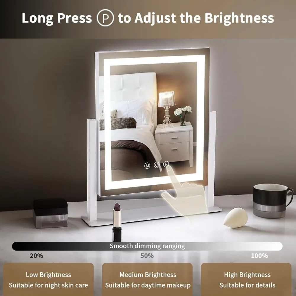 3가지 색상 모드, 터치 컨트롤, 360도 회전 기능을 갖춘 LED 메이크업 거울 °   책상 화장대용 회전