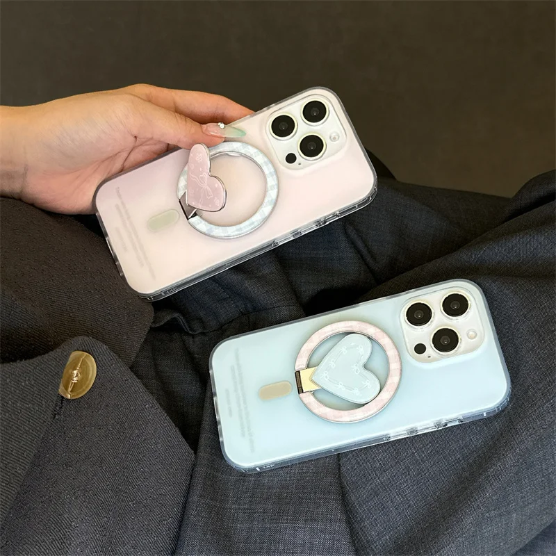 

Simple Solid Color Magnetic Phone Case For iPhone 16 Pro 15 13 14 Pro Max Back Cover with Love Stand Holder Shockproof Cases