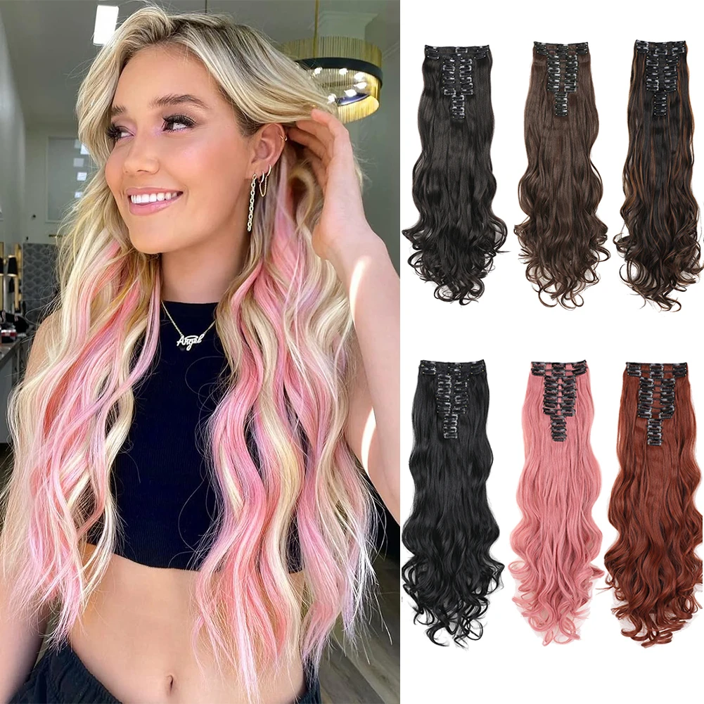 Clip in Hair Extensions 12PCS Long Wavy High Quality Synthetic Hairpieces 24 Inch Blends Well Thick Double Weft Hair for Women