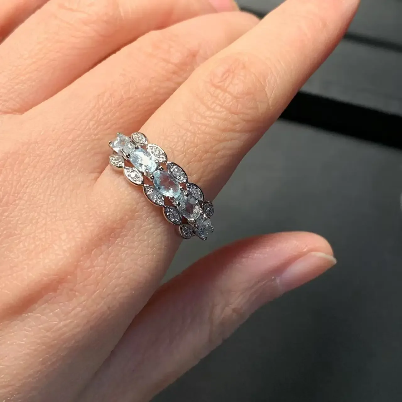 Vintage Natural Aquamarine Ring For Women Stainless Steel Simple Fine Jewelry Stone Gemstone Classic Style