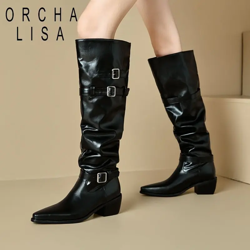 ORCHA LISA Fashion New Pattern Women's Knee High Boots Pointed Toe 5.5cm Block Heel Slip On Belt Buckle Large Size 46-48 Riding