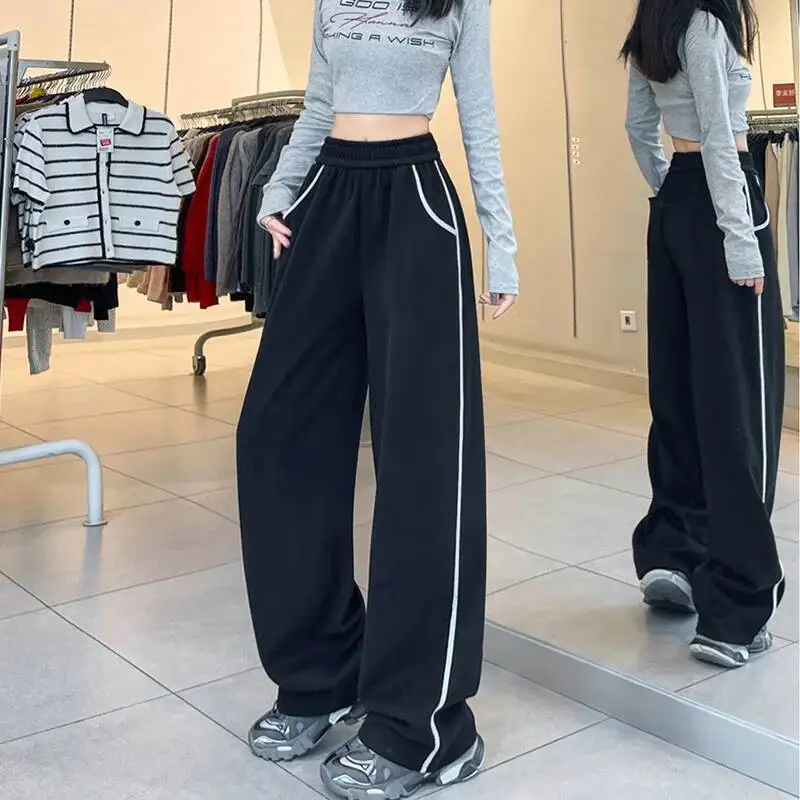 Mode Streifen Breite Bein Jogginghose Für Frauen Herbst Winter Elastische Taille Gerade Hosen Lose Dünne Alle Spiel Casual Hose