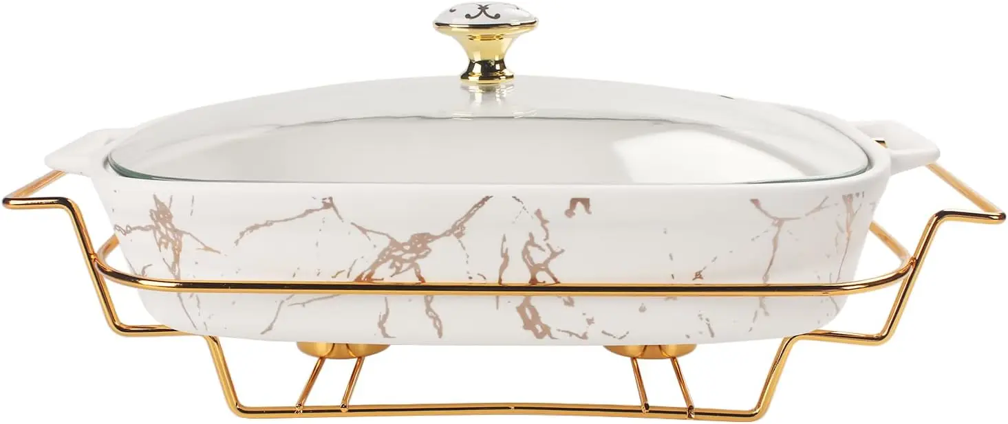 

13" x 9" Ceramic Casserole Dish with Glass Lid and rack, 2.2 Quart Serving Soup Tureen,Chafing Dish for Buffet, Family Food pres