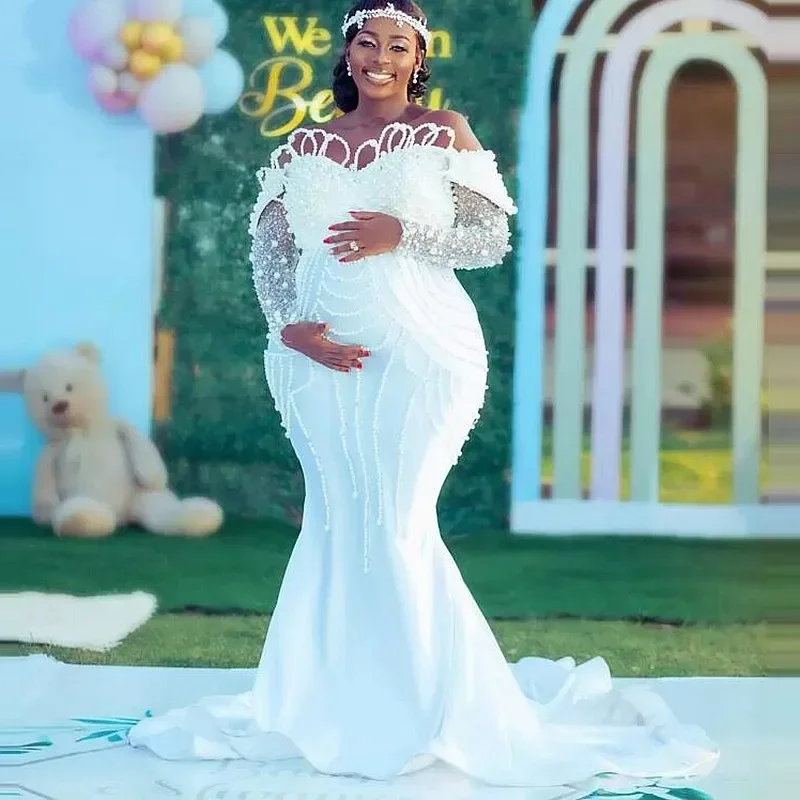 Customized Well Design Off The Shoulder Full Pearls Beads Mermaid Wedding Dress Vestido De Casamento Garden Pregnant Woman Bri