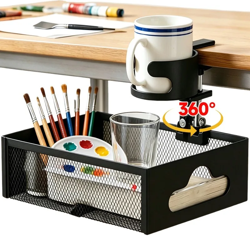 

Under Desk Storage Rack 360° Rotation High Load Capacity Organizer Shelf No-drill Multifunctional Home Office Desktop Mesh Rack