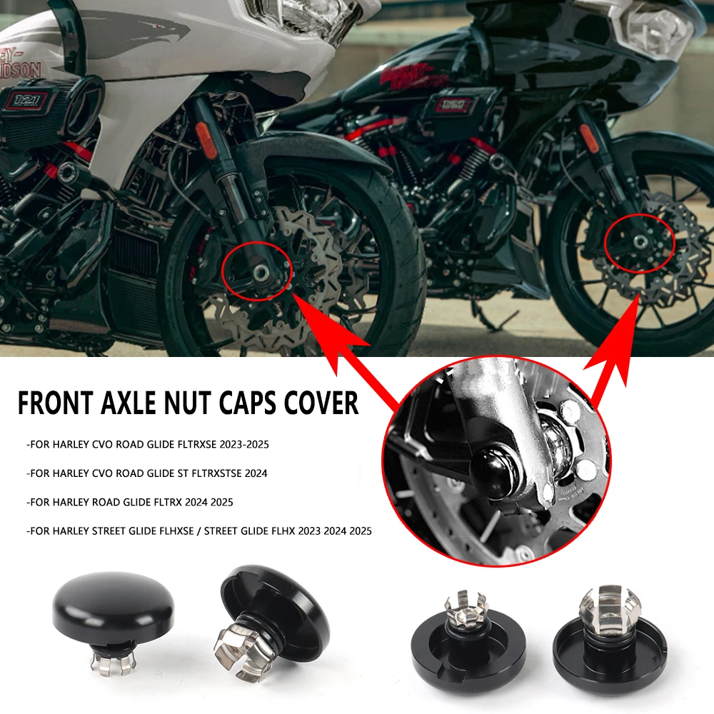 

FOR Harley Front Axle Nut Caps Black Wheel Lug Covers for Touring Road Glide Street Glide FLHX FLTRX CVO Models 2023-2024