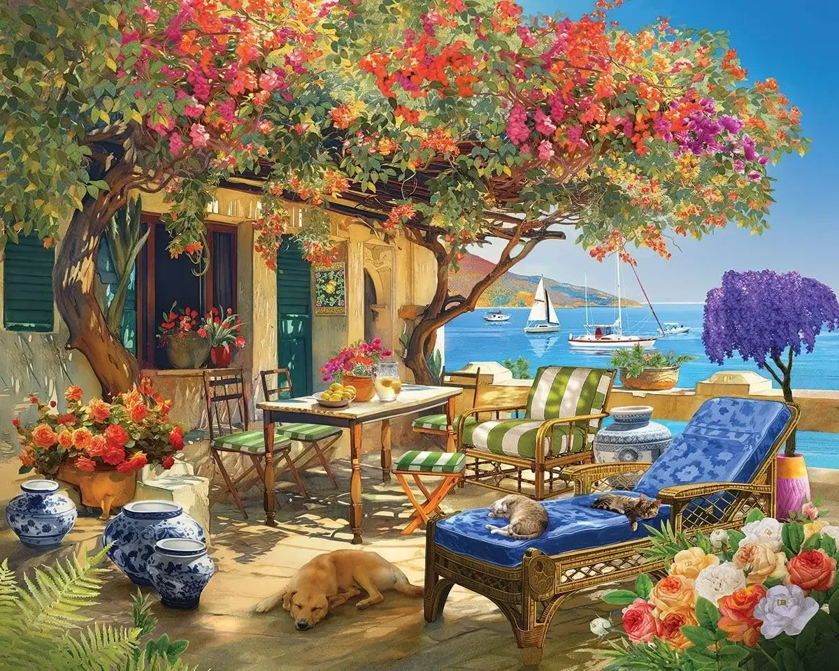 

300 500 1000 Pieces Jigsaw Puzzle Mediterranean Terrace Sea View Flowers Dogs Summer Holiday Wooden Puzzle Adult Game