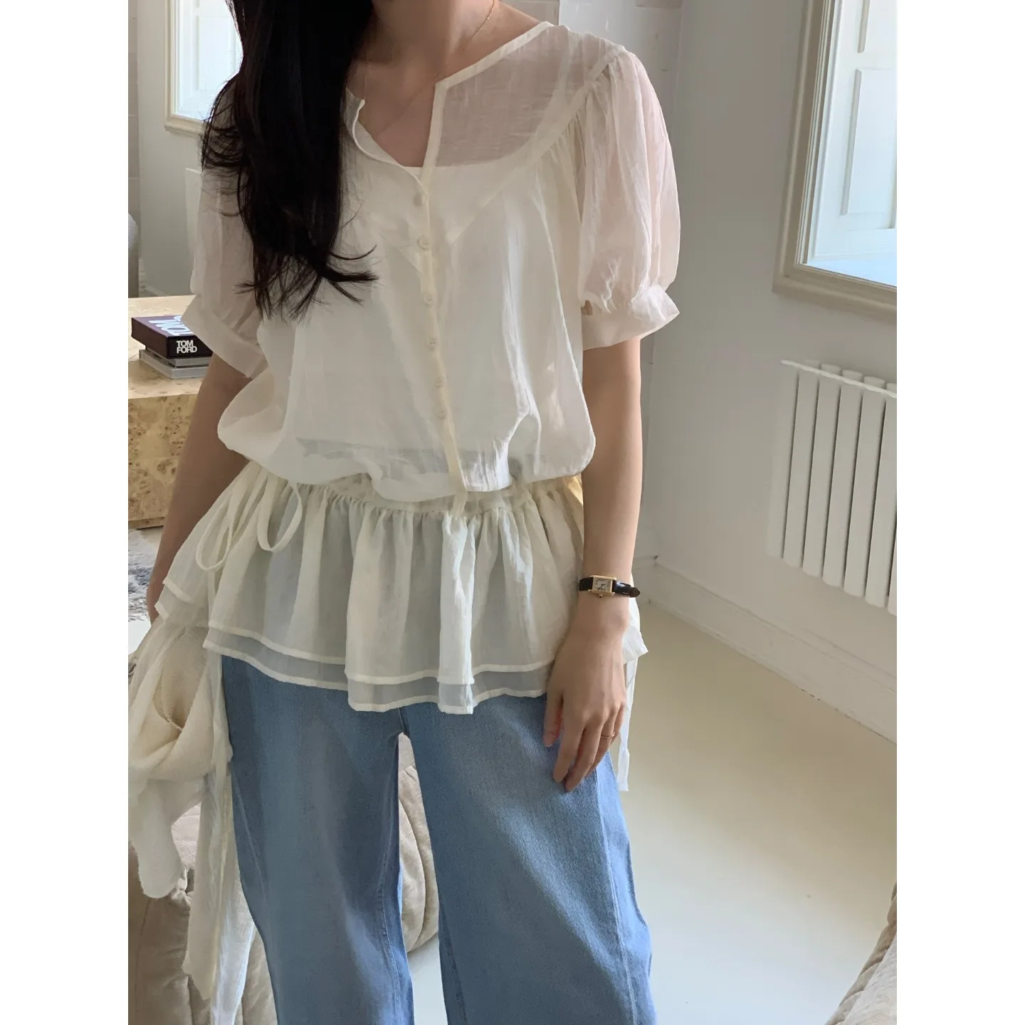 Sweet Chic Summer 2026 Korean Style Off-Shoulder Short-Sleeve Drawstring See-Through Waist-Cinched Dress Versatile Casual Cak...