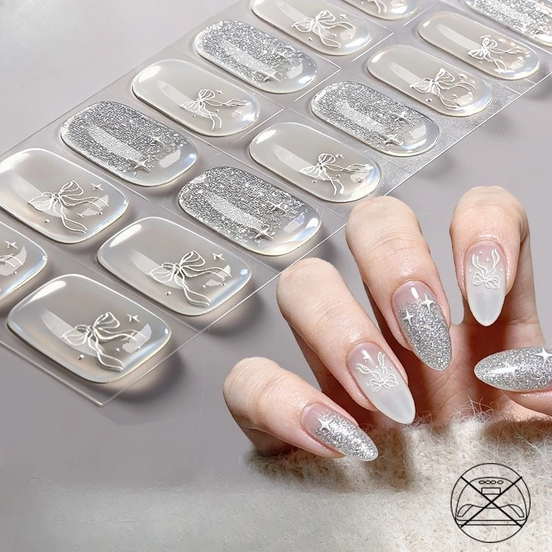 16 Tips UV-Free Gel Nail Wraps Relief Glitter Nail Stickers EnviroNmental Automatic adhesive Press ON Nail Decals