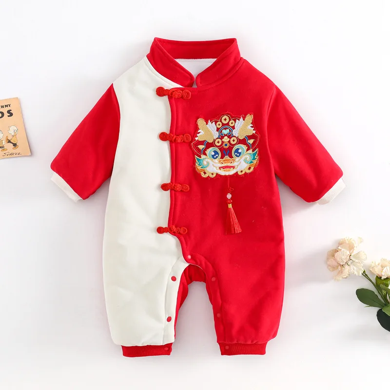 

Winter Thicken Boys Girls Baby Red Cute Jumpsuit Dragon Full Moon 100 Days Newborn Chinese New Year Wear Tang Suit Romper