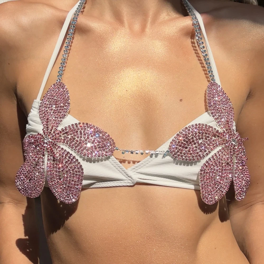 

2024 Festival Pink Flower Bra Chain Harness Chest Accessories Gift Rave Bikini Top Large Crystal Body Chain Lingerie for Women