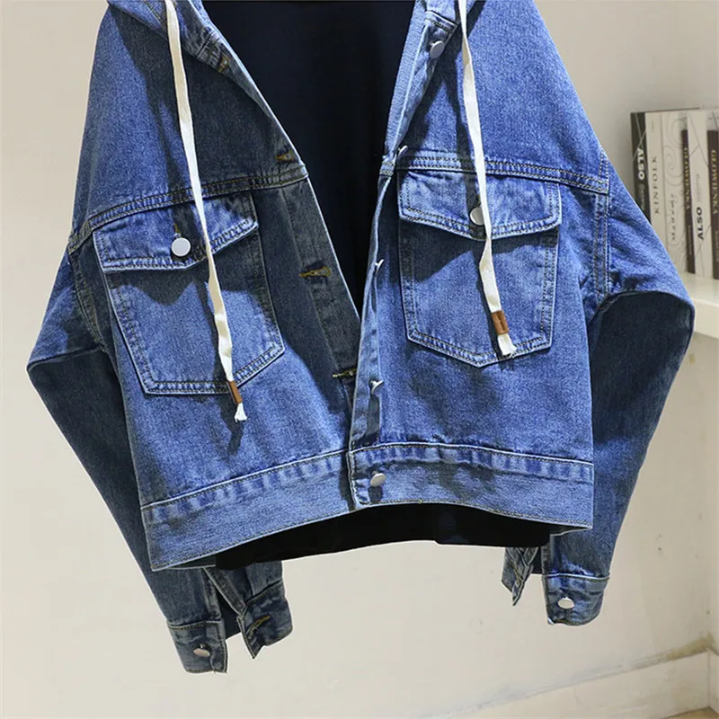 Herfst Vintage Blauwe Denim Jasje Vrouwen Capuchon Grote Zak Cowboy Bovenkleding Koreaanse Losse Korte Student Jeans Jas Vrouwelijke