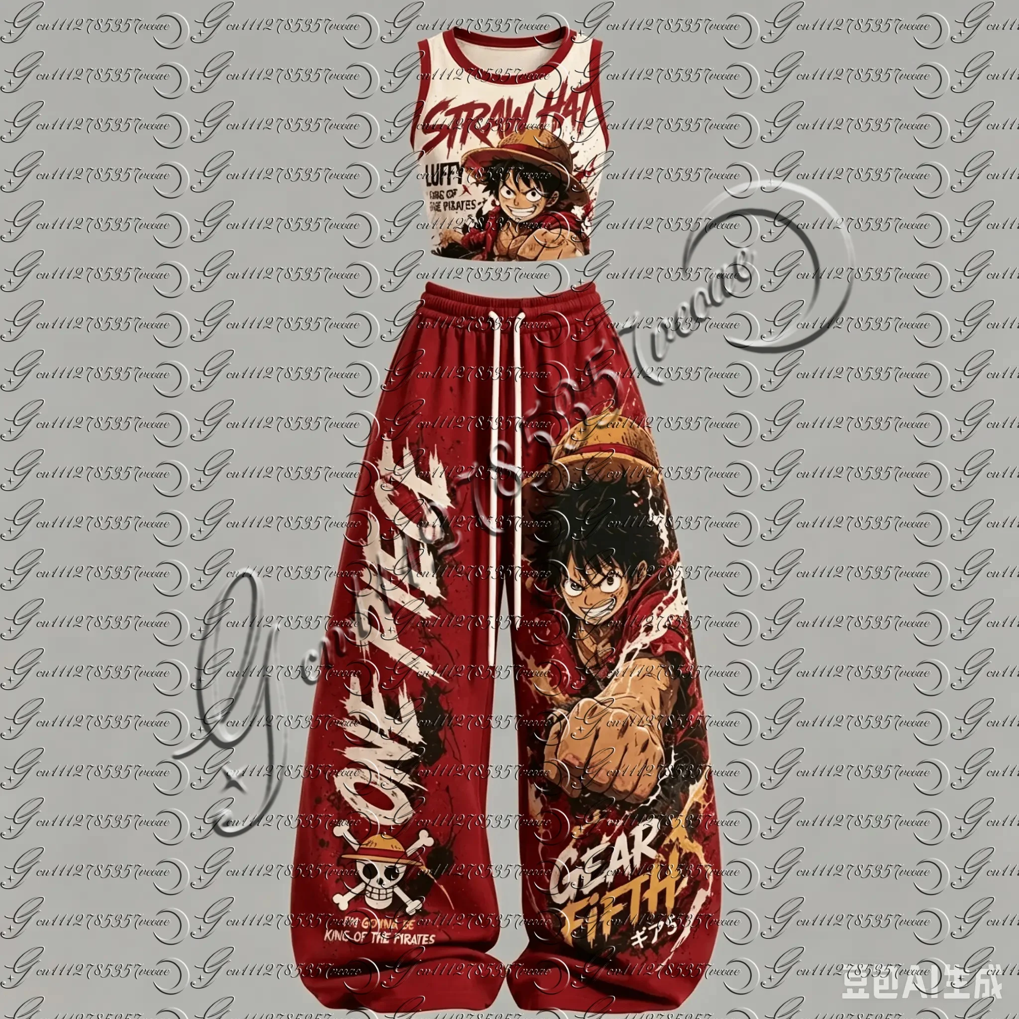 Conjunto de Dos Piezas Unisex con Estampado de Personajes de Anime One Piece, Top Corto sin Mangas, Pantalones Deportivos de Cintura Alta y Pierna Ancha, Conjunto Familiar a Juego