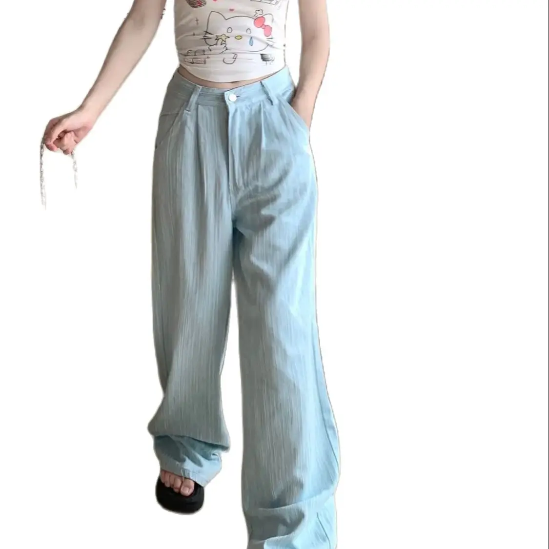 Jeans Lichtblauwe Damesbroek Met Strepen En Wijde Pijpen Vintage Streetstyle Baggy Broekje Jonge Meisjes Casual Broek Damesbroek