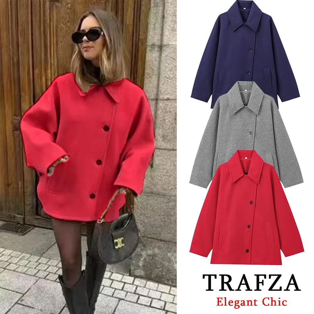 

TRAFZA Fashion 2024 Autumn Winter Red Coat Women's Buttons Batwing Sleeve Long Coat With Pocket Urban Office Lady Christmas Coat