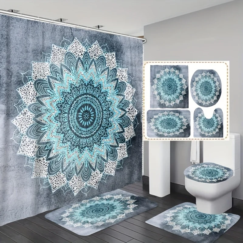 Mandala Pattern Bathroom Set: Includes 4 Pieces - Shower Curtain, 2 Bath Mats, Toilet Seat Cover, and Bidet Cover - All in Shade