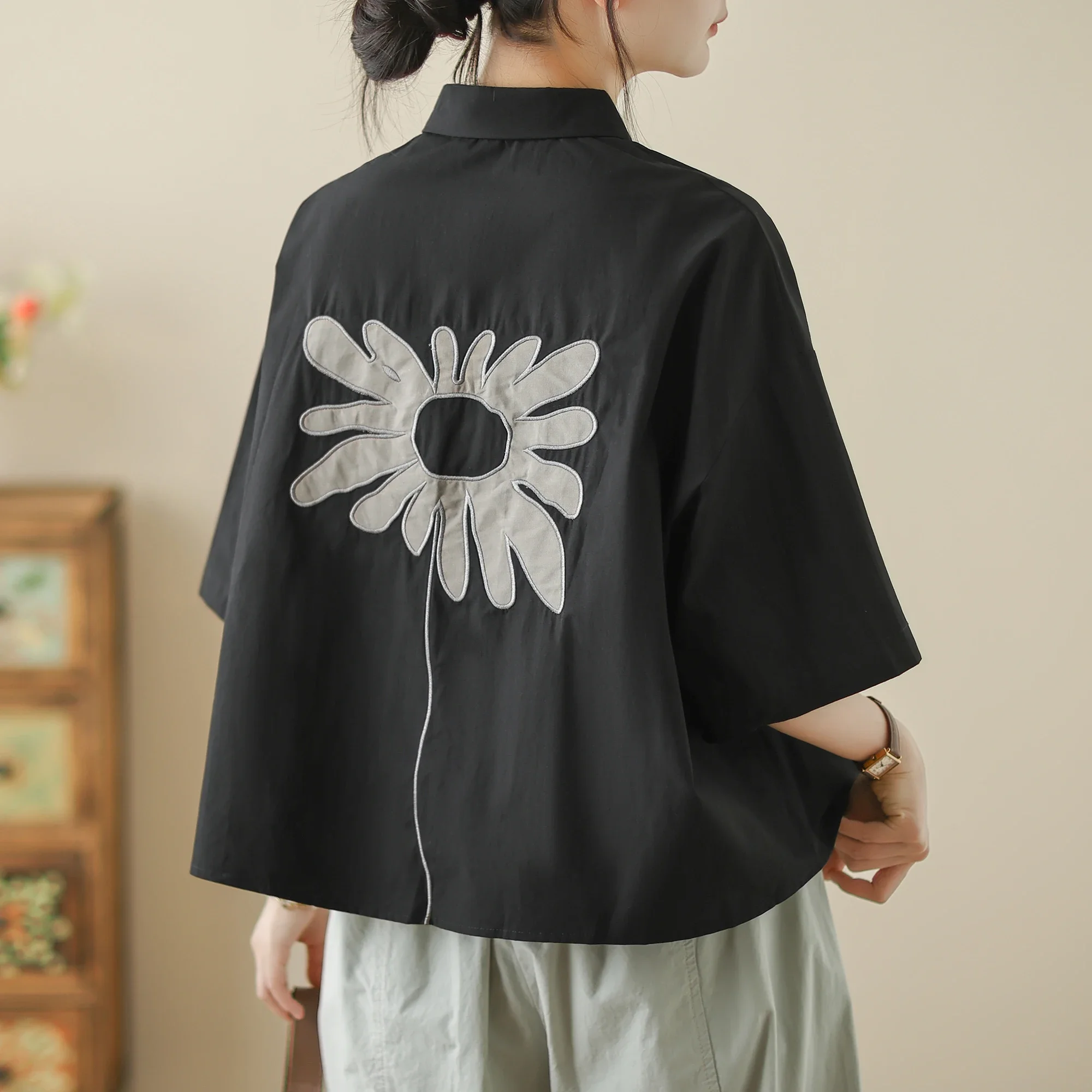 High-End Korean Japanese Artistic ort Sve Cotton Linen Embroidered irt Summer Wear Pear ape Fitting Women's Top