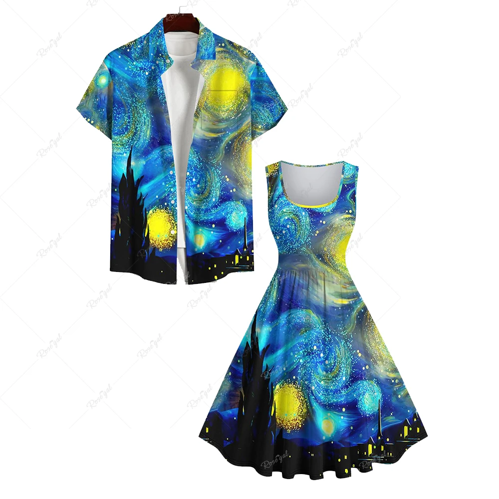 S-3XL Damen kleider und Herren Plus Size passenden Hawaii Strand Outfit für Paare Glitzer Spiral malerei Galaxie gedruckt